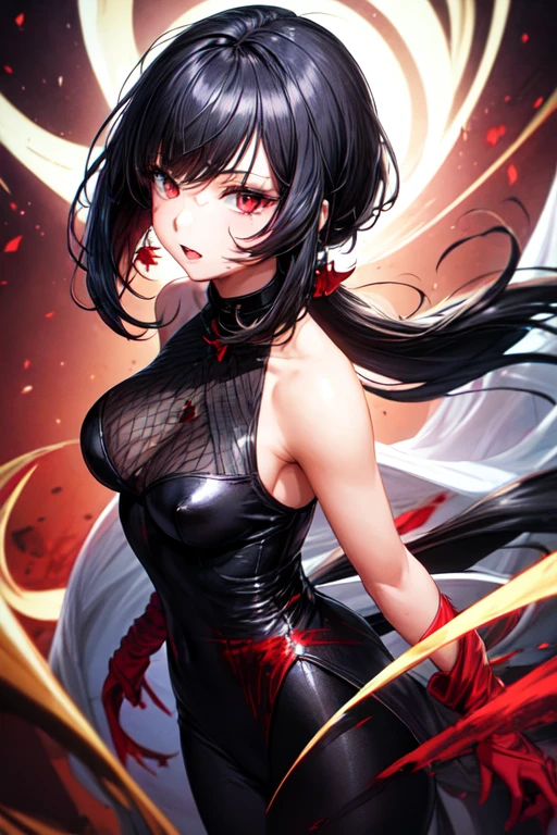 31-year-old woman with black hair and bright red eyes wearing black formal clothes with blood powers