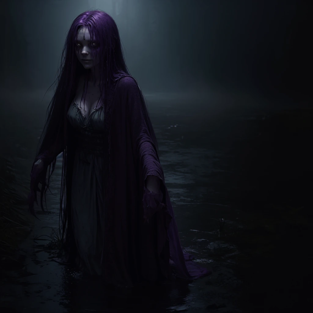 Creepy Girl, wrapped in cloth and rags, she walks through the swamp like a ghost. She has long purple hair, many hands, eyes full of hatred, evil smile. Long tentacles are visible from under the dress. She is a complete monster and no one can stop this horror.. The swamp is immersed in fog and haze, and the girl is hiding in the fog, to strangle and devour the next victim; The girl's eyes are clear, red, expressive, they radiate hatred. high quality photo, realistic photo, 8 k, cinematic quality