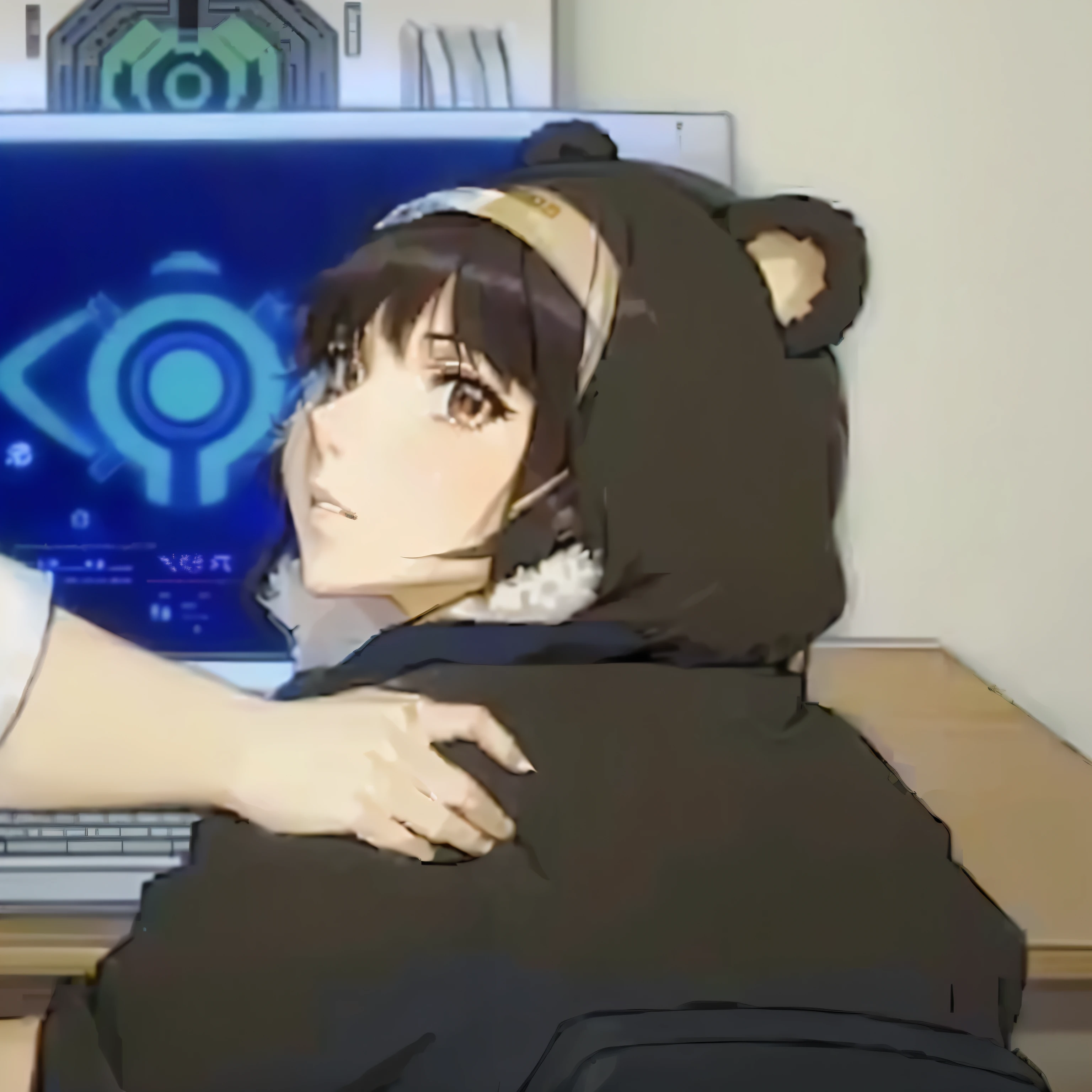 anime image of a woman hugging a bear in front of a computer, Serial experiments, still from the TV anime, in an anime, mayuri shiina from Mugshots gate, screenshot from a 2012s anime, still from the anime, Mugshots ; gate, Mugshots;gate, close de lain iwakura, Mugshots gate