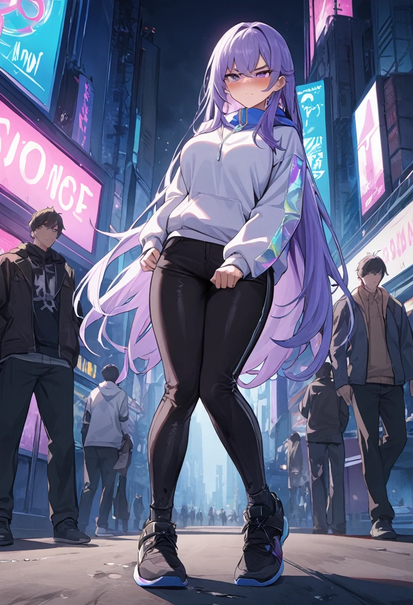 (1girl:1.5), (1boy:1.5), (masterpiece:1.37), best quality, (extremely detailed:1.37), woman, adult, mature, large breasts, (very long hair:1.5), dark purple hair, purple eyes, (extremely detailed eyes:1.37), white hoodie, multicolored hoodie, light blue hoodie, futuristic hoodie, jeans, (desperation:2.0), (wetting: self 3.0), standing, embarrassed, humiliation, blushing, angry, city, futuristic, neon lighting, high-tech, full body