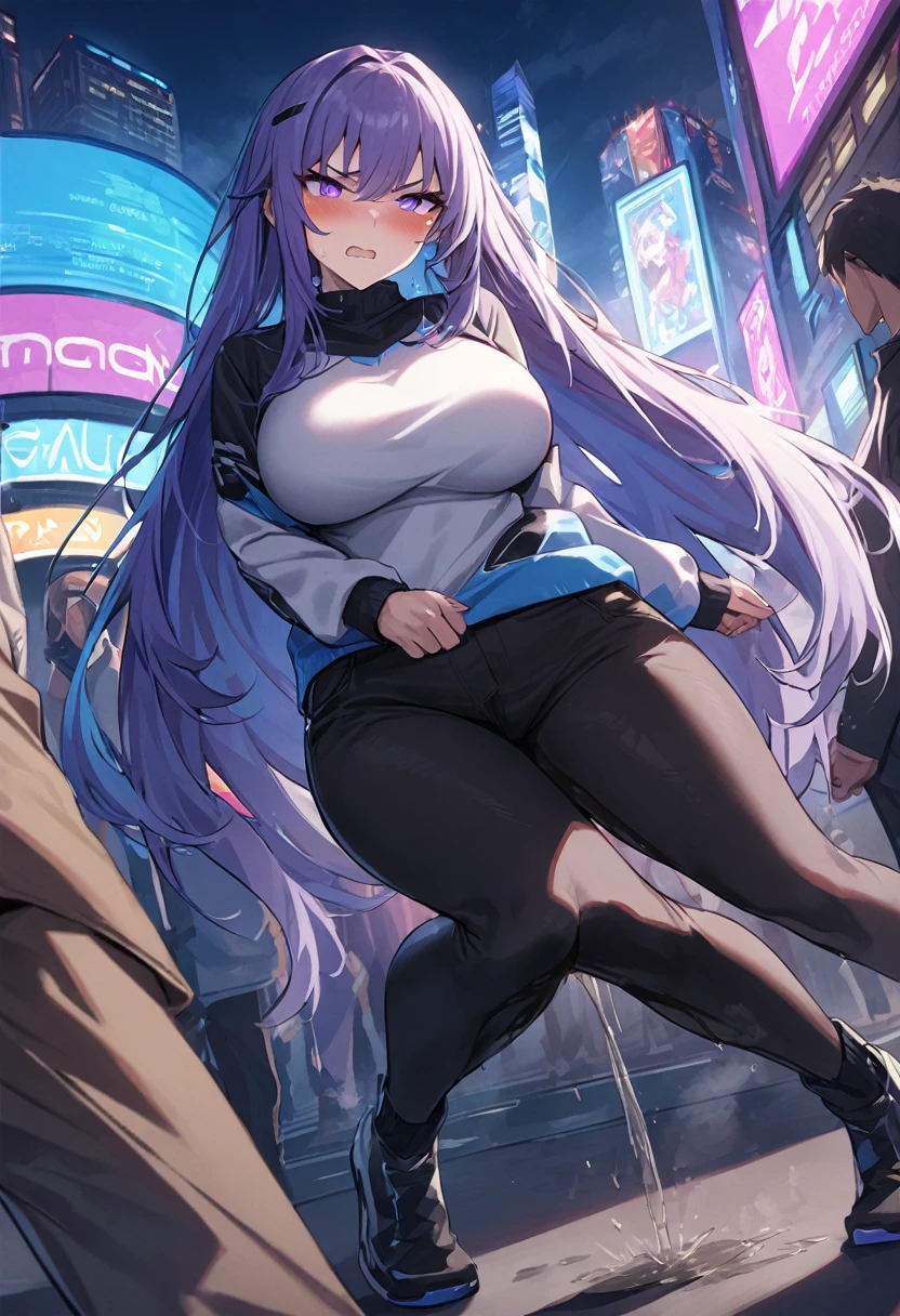 (1girl:1.5), (1boy:1.5), (masterpiece:1.37), best quality, (extremely detailed:1.37), woman, adult, mature, large breasts, (very long hair:1.5), dark purple hair, purple eyes, (extremely detailed eyes:1.37), white hoodie, multicolored hoodie, light blue hoodie, futuristic hoodie, jeans, (desperation:2.0), (wetting: self 3.0), standing, embarrassed, humiliation, blushing, angry, city, futuristic, neon lighting, high-tech, full body