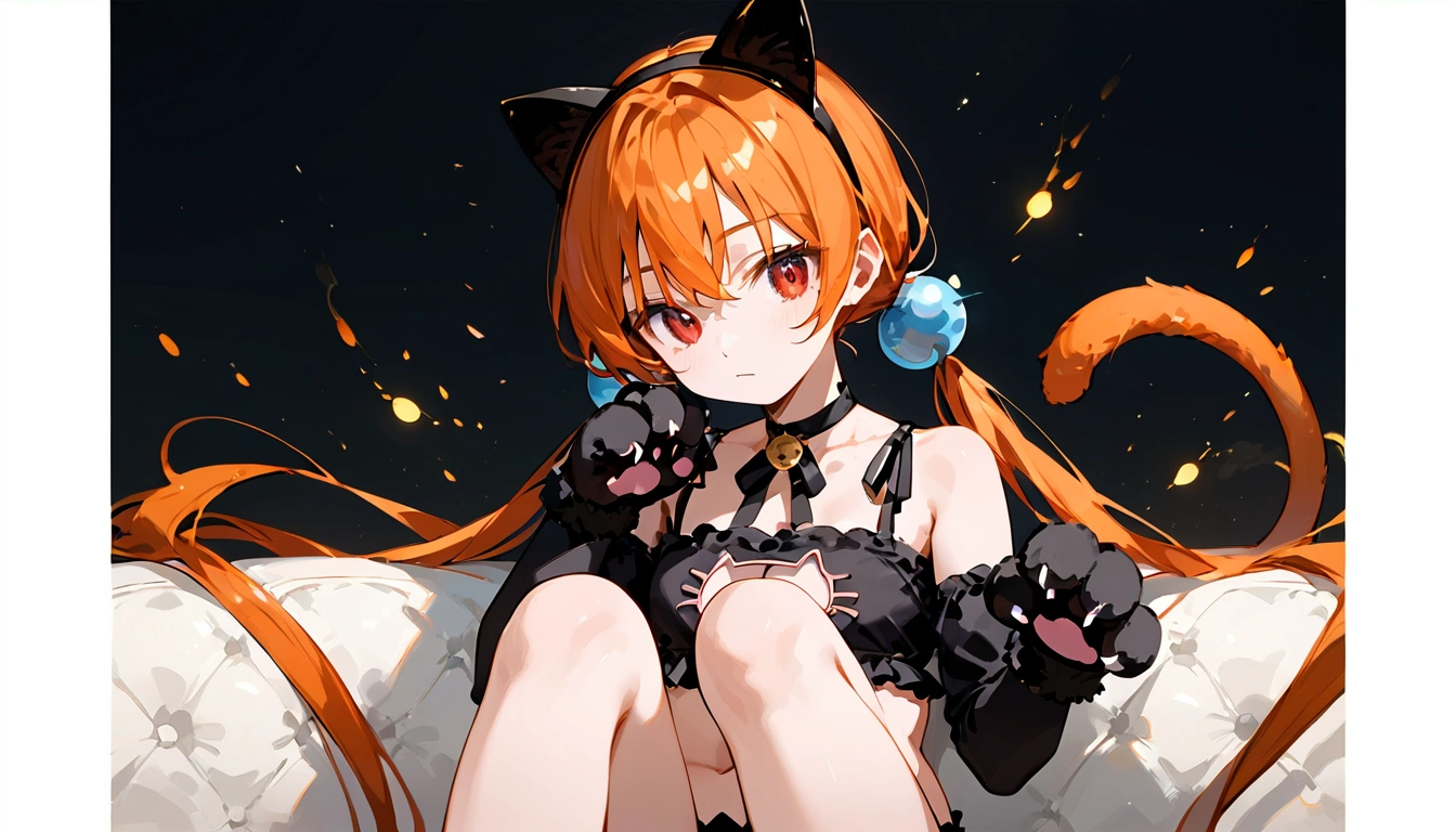 anime artwork, score_9, score_8_up, score_7_up, score_6_up, score_5_up, score_4_up,alisasr, 1girl, orange hair, red eyes, fake black cat ears, hairband, long hair, very long hair, twintails, hair ornament, hair bobbles, low twintails,, \\\\\\ \\\\\ , cat lingerie, paws gloves, cat tail,  sit on sofa, lower body
