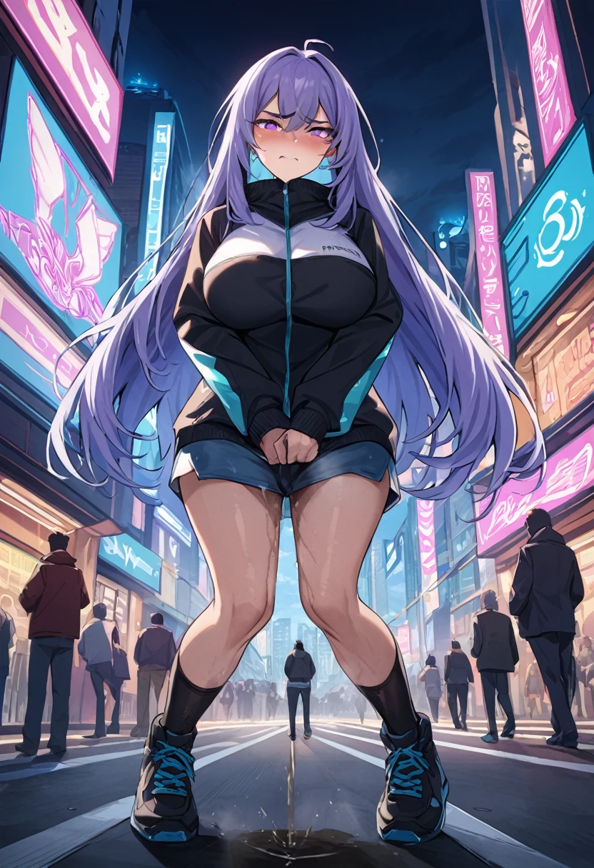 (1girl:1.5), (1boy:1.5), (masterpiece:1.37), best quality, (extremely detailed:1.37), woman, adult, mature, large breasts, (very long hair:1.5), dark purple hair, purple eyes, (extremely detailed eyes:1.37), white hoodie, multicolored hoodie, light blue hoodie, futuristic hoodie, jeans, (desperation:2.0), (wetting: self 3.0), standing, embarrassed, humiliation, blushing, angry, city, futuristic, neon lighting, high-tech, full body