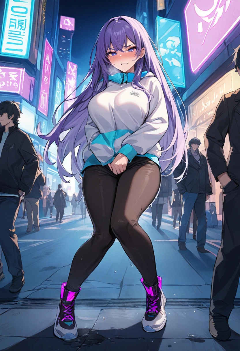 (1girl:1.5), (1boy:1.5), (masterpiece:1.37), best quality, (extremely detailed:1.37), woman, adult, mature, large breasts, (very long hair:1.5), dark purple hair, purple eyes, (extremely detailed eyes:1.37), white hoodie, multicolored hoodie, light blue hoodie, futuristic hoodie, jeans, (desperation:2.0), (wetting: self 3.0), standing, embarrassed, humiliation, blushing, angry, city, futuristic, neon lighting, high-tech, full body