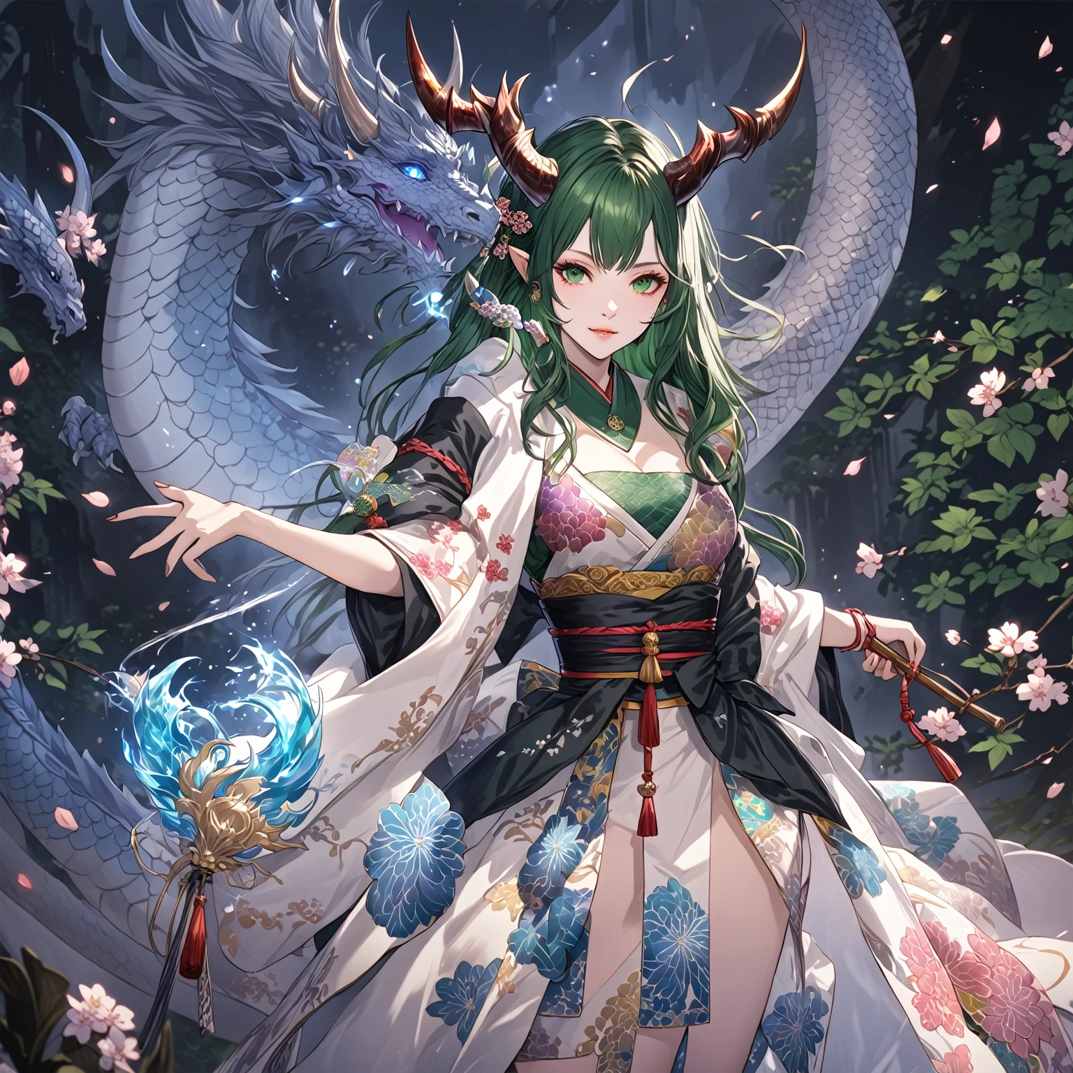 masterpiece, best quality, Fantasy aesthetics, Highly detailed, shadowverse style, female, japanese style, dark green hair, dragon horn