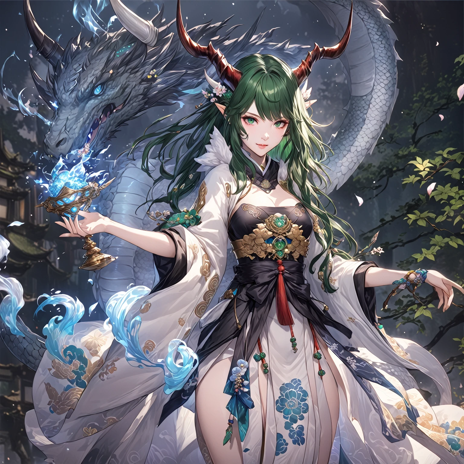 masterpiece, best quality, Fantasy aesthetics, Highly detailed, shadowverse style, female, japanese style, dark green hair, dragon horn