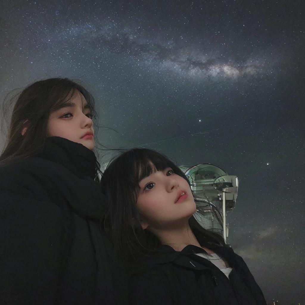 Pale teenage girl with silky black hair and bangs above her eyebrows, with small pink lips and a potato nose and light green eyes, taking a photo with your friend dark sky gray clouds and good quality 