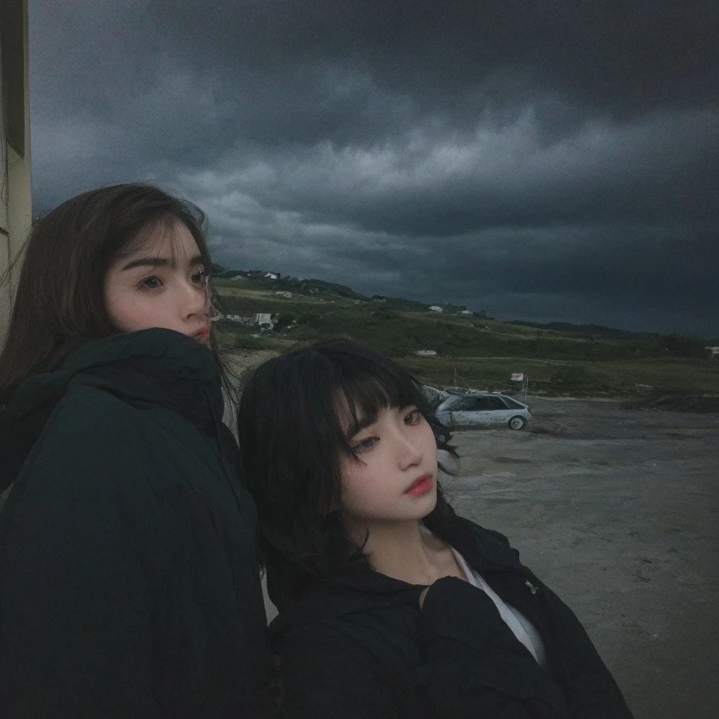 Pale age girl with silky black hair and bangs above her eyebrows, with small pink lips and a potato nose and light green eyes, taking a photo with your friend dark sky gray clouds and good quality