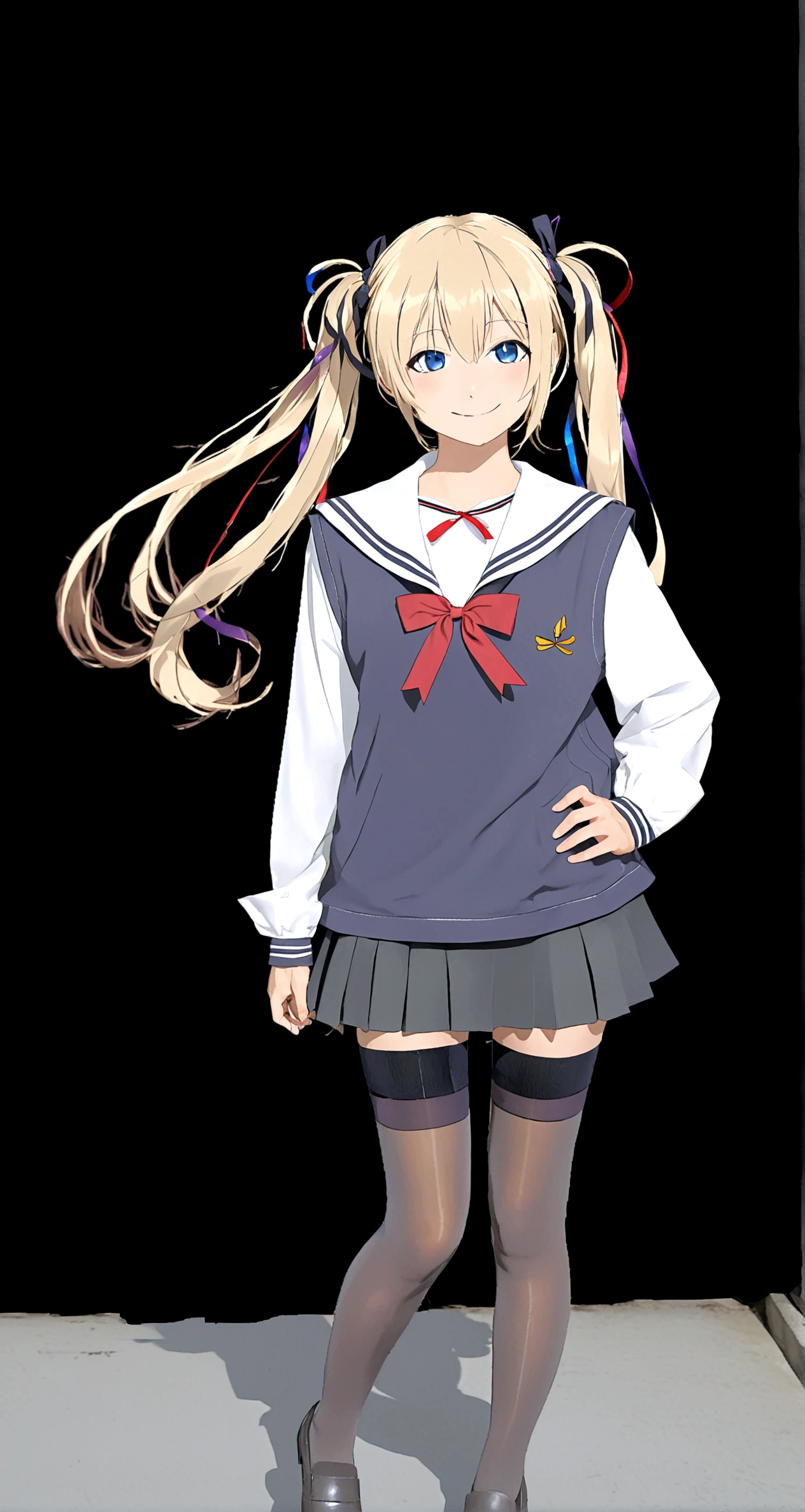1girl, solo, long hair, looking at viewer, smile, bangs, blue eyes, skirt, blonde hair, simple background, shirt, thighhighs, long sleeves, ribbon, twintails, very long hair, closed mouth, school uniform, standing, collarbone, full body, hair ribbon, white shirt, pleated skirt, shoes, black thighhighs, miniskirt, black skirt, sailor collar, black footwear, zettai ryouiki, hand on hip, black ribbon, floating hair, black background, loafers, sweater vest, sawamura spencer eriri