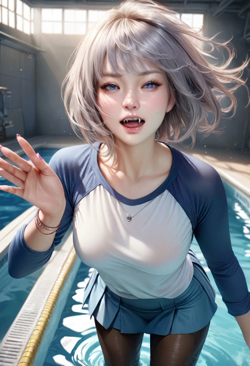1 beautiful girl laying on bus, white hair, perky breasts, ample cleavage, round and firm breasts, perfectly shaped bust, (beautiful face, seductive, makeup, blue hair bun, large hoop earrings, light pink wet tshirts, wet tiny skirts, white boots, lying on the bus, smile, open legs