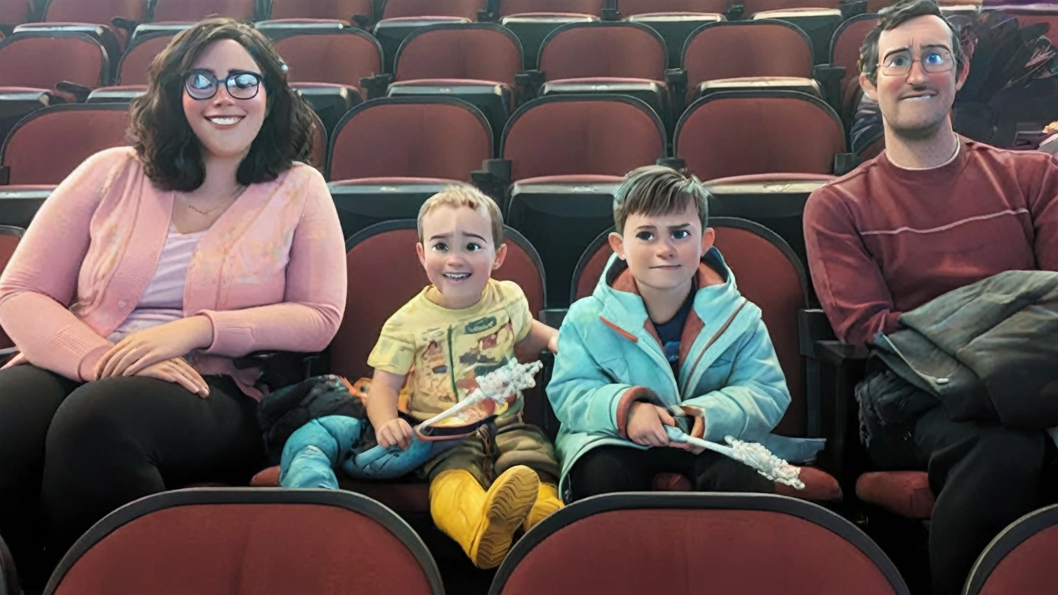 masterpiece, best quality, (extremely detailed CG unity 8k wallpaper), (best quality), (best illustration), (best shadow),A couple with two kids sitting in stadium, high quality photo, group photo, group portrait, commissioned, 8k quality, photo realistic in disney pixar style. high quality, 8k, master piece, 3d disney, disney pixar