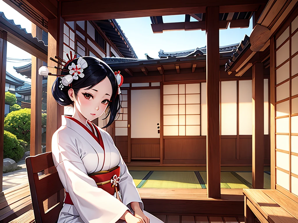 Geisha with white, tied hair sitting inside a traditional Japanese house