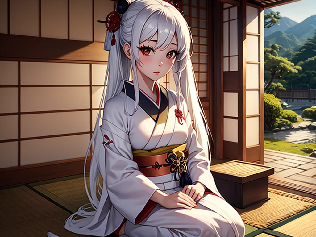 Geisha with white, tied hair sitting inside a traditional Japanese house