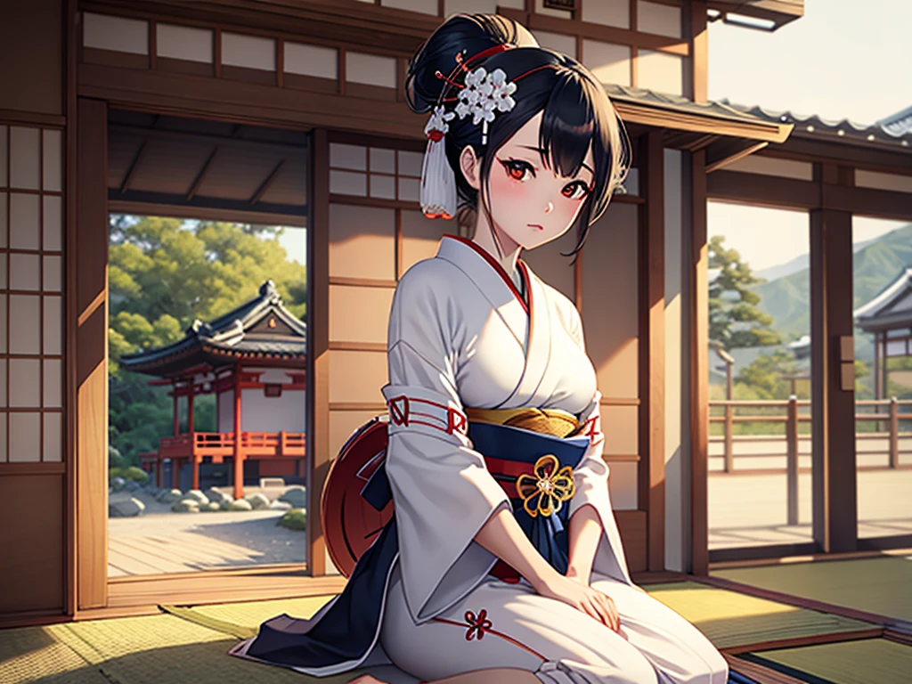 Geisha with white, tied hair sitting inside a traditional Japanese house