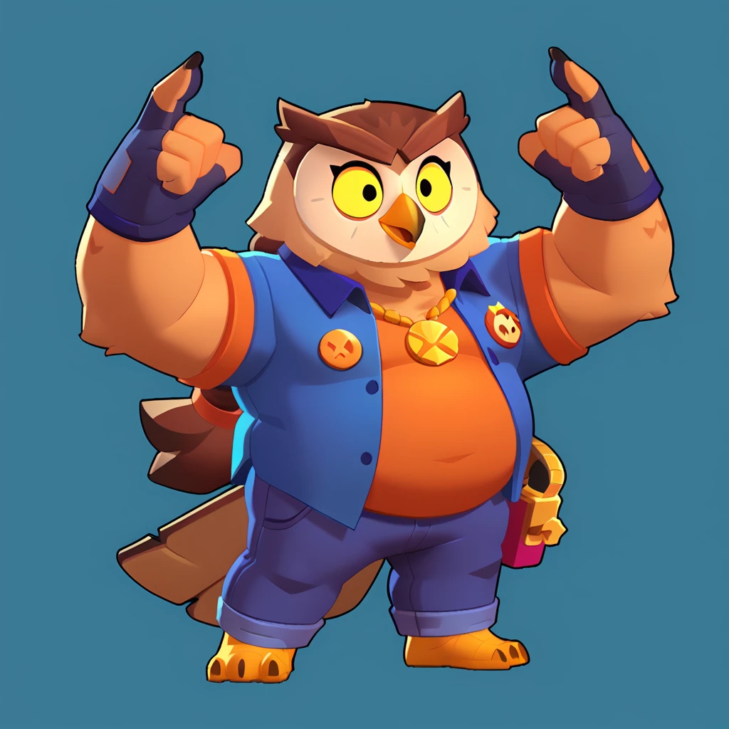 Full body view from an anthropomorphic obese brown owl, bulging eyes, oval yellow beak, dressed in a blue polo shirt, purple jeans with orange trim on the side, gold braid, owl head logo on his polo shirt, weapons in hands, brawl, brawl stars