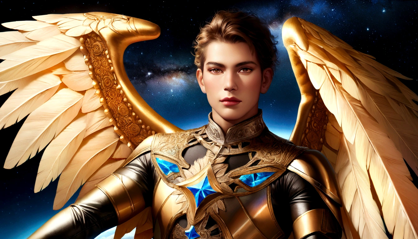 male character, Arcanjo Miguel, celestial image, details Intricate, realistic, ROSES and big wings, angelic background, Catholic illustrative depiction of the Arcanjo Miguel, male character of the Bible, Michael is dressed in angelic armor, Space background, Lighting in Arkhangelsk and in the background, Image of the entire body of an angel, Maximum detail and her angelic face and wings, realistic perfect skin, Maximum image quality, Miguel is highlighted in the image with bright and vibrant colors.
