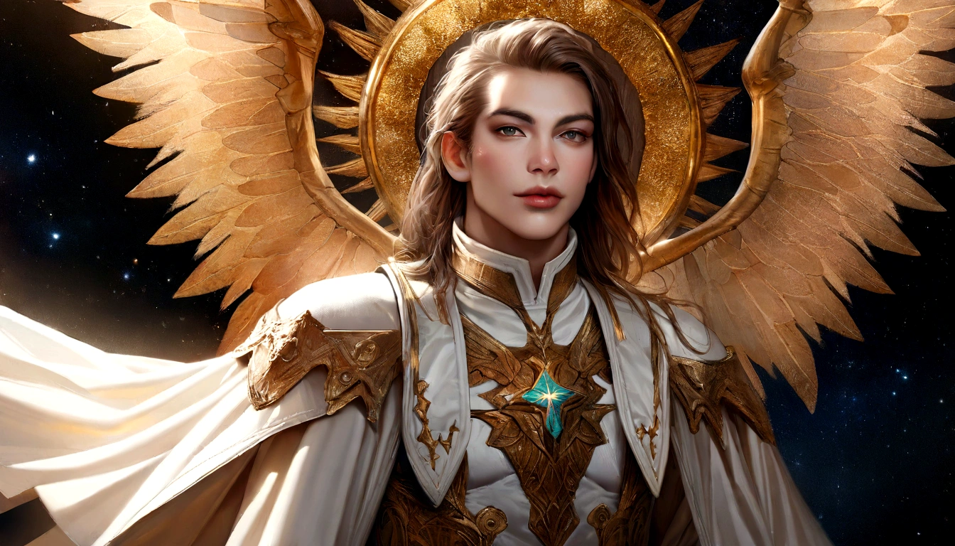 male character, Arcanjo Miguel, celestial image, details Intricate, realistic, ROSES and big wings, angelic background, Catholic illustrative depiction of the Arcanjo Miguel, male character of the Bible, Michael is dressed in angelic armor, Space background, Lighting in Arkhangelsk and in the background, Image of the entire body of an angel, Maximum detail and her angelic face and wings, realistic perfect skin, Maximum image quality, Miguel is highlighted in the image with bright and vibrant colors.
