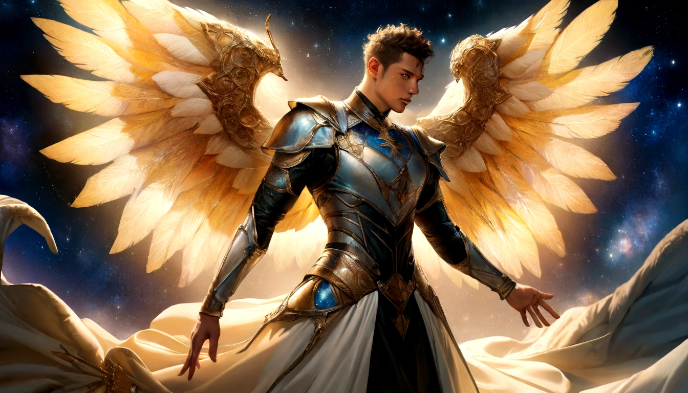 male character, Arcanjo Miguel, celestial image, details Intricate, realistic, ROSES and big wings, angelic background, Catholic illustrative depiction of the Arcanjo Miguel, male character of the Bible, Michael is dressed in angelic armor, Space background, Lighting in Arkhangelsk and in the background, Image of the entire body of an angel, Maximum detail and her angelic face and wings, realistic perfect skin, Maximum image quality, Miguel is highlighted in the image with bright and vibrant colors.