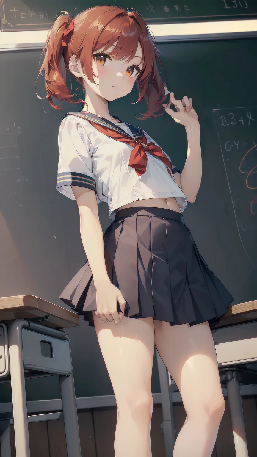 ((top quality, ultra-detailed, high resolution, extremely detailed CG, unity 8k wallpaper, by famous artist, perfect anatomy, super detailed skin, cinematic lighting, UHD, retina, anatomically correct, 1080P)), (Please draw a single one happy girl walking in a classroom school :1.3), ((1girl)), (Solo, face,13-year-old:2.0), a junior high school student, ((cute petit girl, chibi, babyface)) androgynous charm, (Medium hair, ((full red hair)) ((redhead)), pigtails, straight bangs, with a bow in her hair, ((very thin legs)), ((skinny legs, thin body, small build)), Full limbs, complete fingers, ((perfect fingers and hands)), flat chest, small breasts, childish body, small butt, groin, Beautiful detailed full yellow gold eyes, perfect eyes, sailor , ((blue skirt)) and white blouse, ((red bow on the blouse)), blue sailor collar, short sleeves, without stockings, (Detailed Lighting), ((classroom background)), (Detailed scenary background), ((in the school zone)), full body view, ((standing)), legs. Cute, kawaii single girl (one girl), full body shot. ((Background is the school)), front body, ((left hand up, right hand down)), ((little young 13 years old body:1.3))