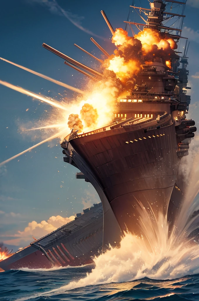 a massive battleship shooting its cannons
