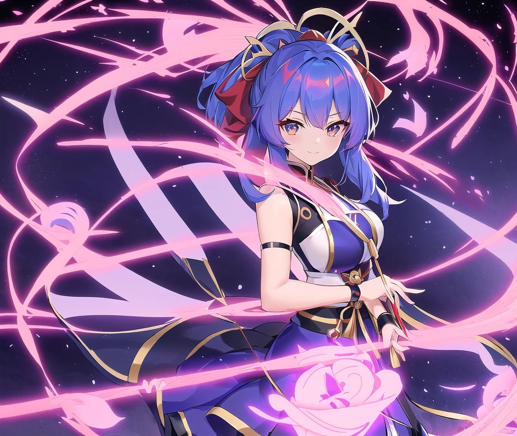 "Dehya from Genshin Impact, with blazing flames in her hands, in a vibrant setting filled with stunning detail and lighting effects."