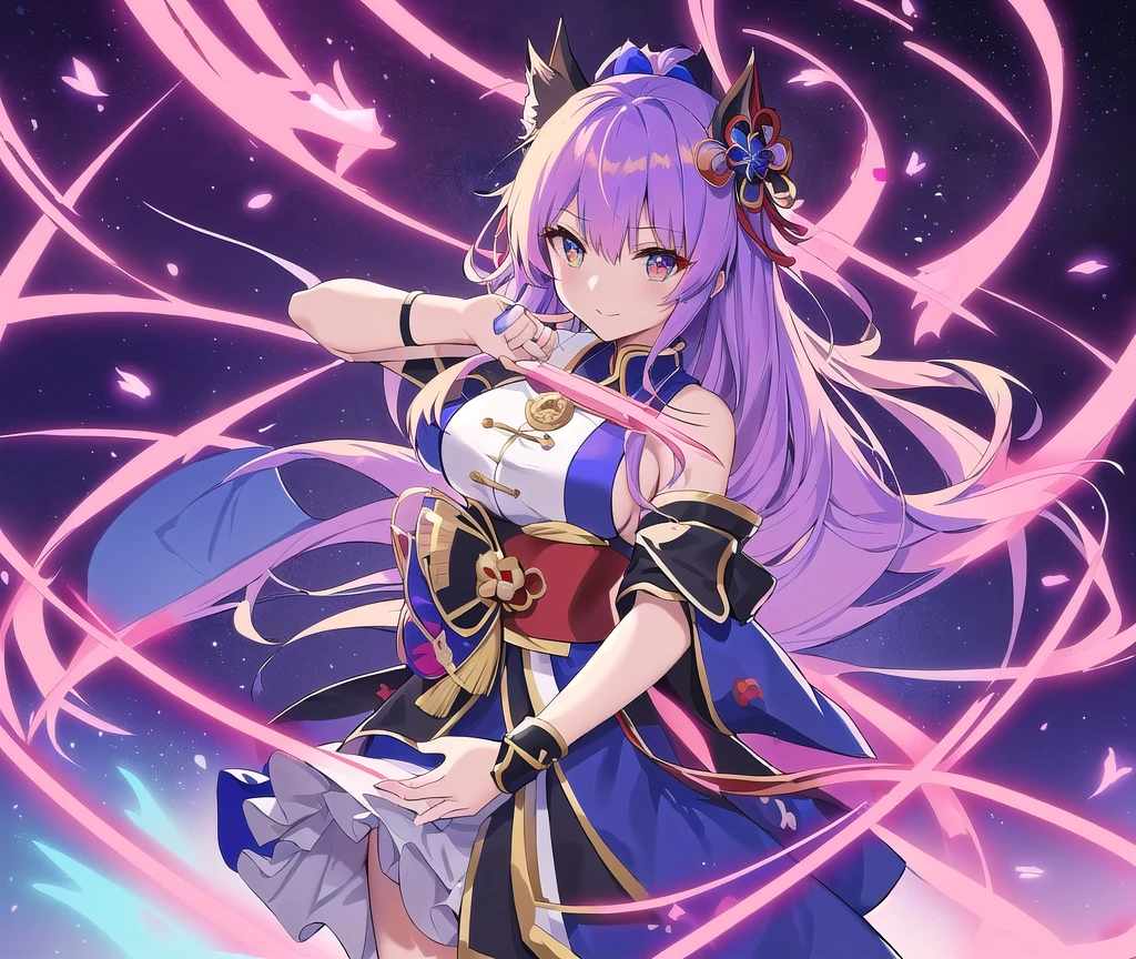 anime girl with purple hair and purple eyes in a purple outfit, ayaka genshin impact, [[[[grinning evily]]]], akasuki voidstar, onmyoji portrait, hajime yatate, anime moe artstyle, portrait knights of zodiac girl, keqing from genshin impact, ayaka game genshin impact