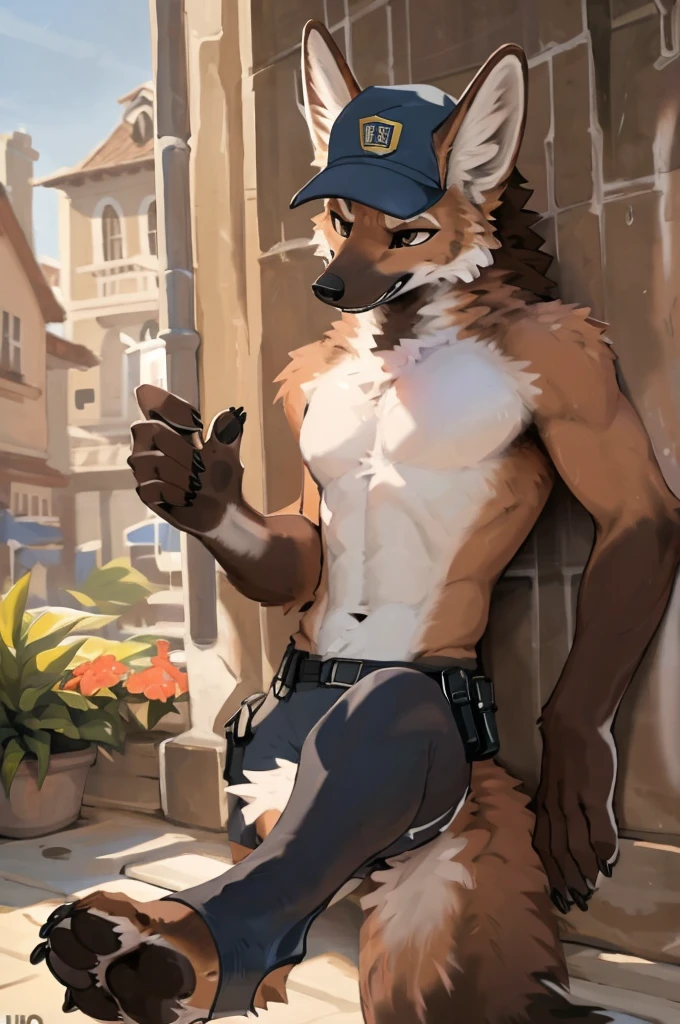 close up, furry, anthro, giant maned wolf, maned wolf ears, maned wolf tail, orange, white and brown fur, messy fur, neck floof, brown fluffy mohawk, brown eyes, razor sharp teeth, slim body, handsome, slender, lanky body, really long arms, really long legs, tall, wearing a spanish police officer uniform, stirrup boots and police cap, pawpads, black pawpads, ((best quality, 4K, UHD, masterpiece)), patrolling a spanish town, alone, sunny day,