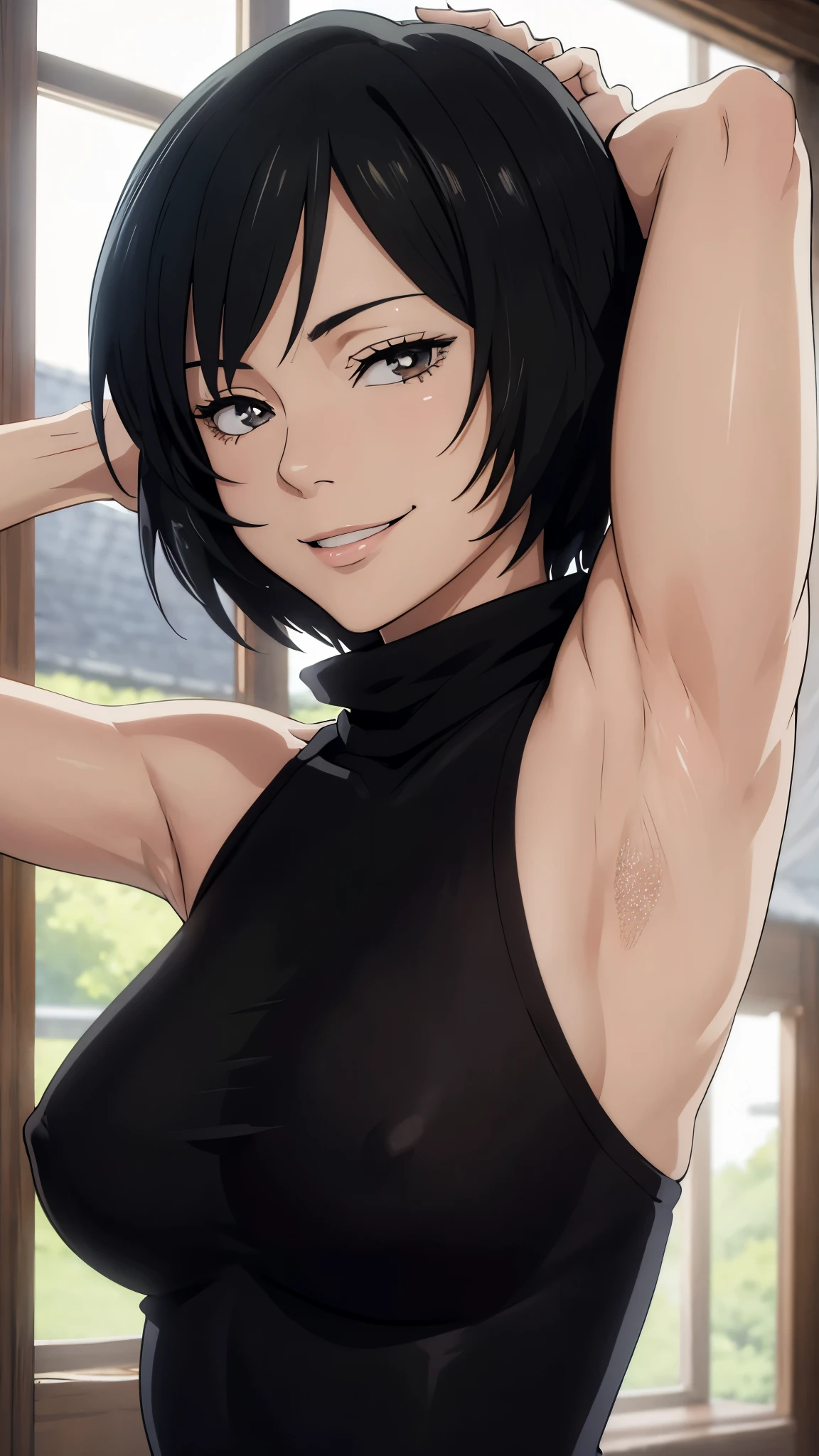 Mai, Portrait, masterpiece, 8k, ultra high quality, ultra realistic, ultra high definition, anime art, smiling, cute, seductive, armpits visible, detailed armpits, turtleneck, no bra