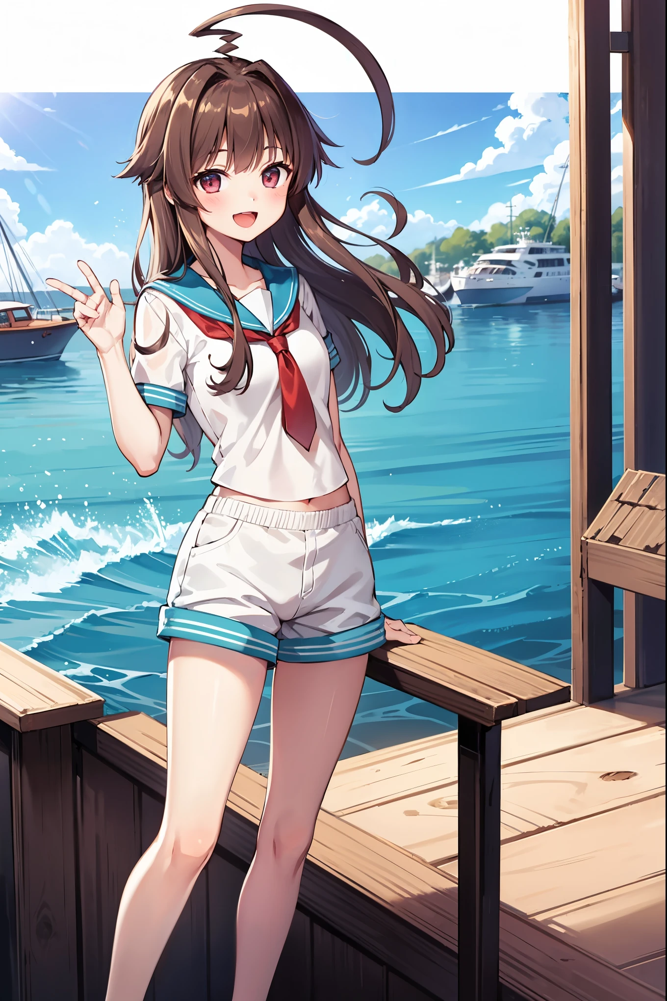 1young_teen_ girl,  brown_hair, long_hair, sailor_uniform,white_ baggy_shorts, short_sleeve, thighs, small_breasts, big_smile, open_mouth, standing, harbor_background, slightly_spread_legs, happiness, covered_crotch,ahoge,XD,exciting,