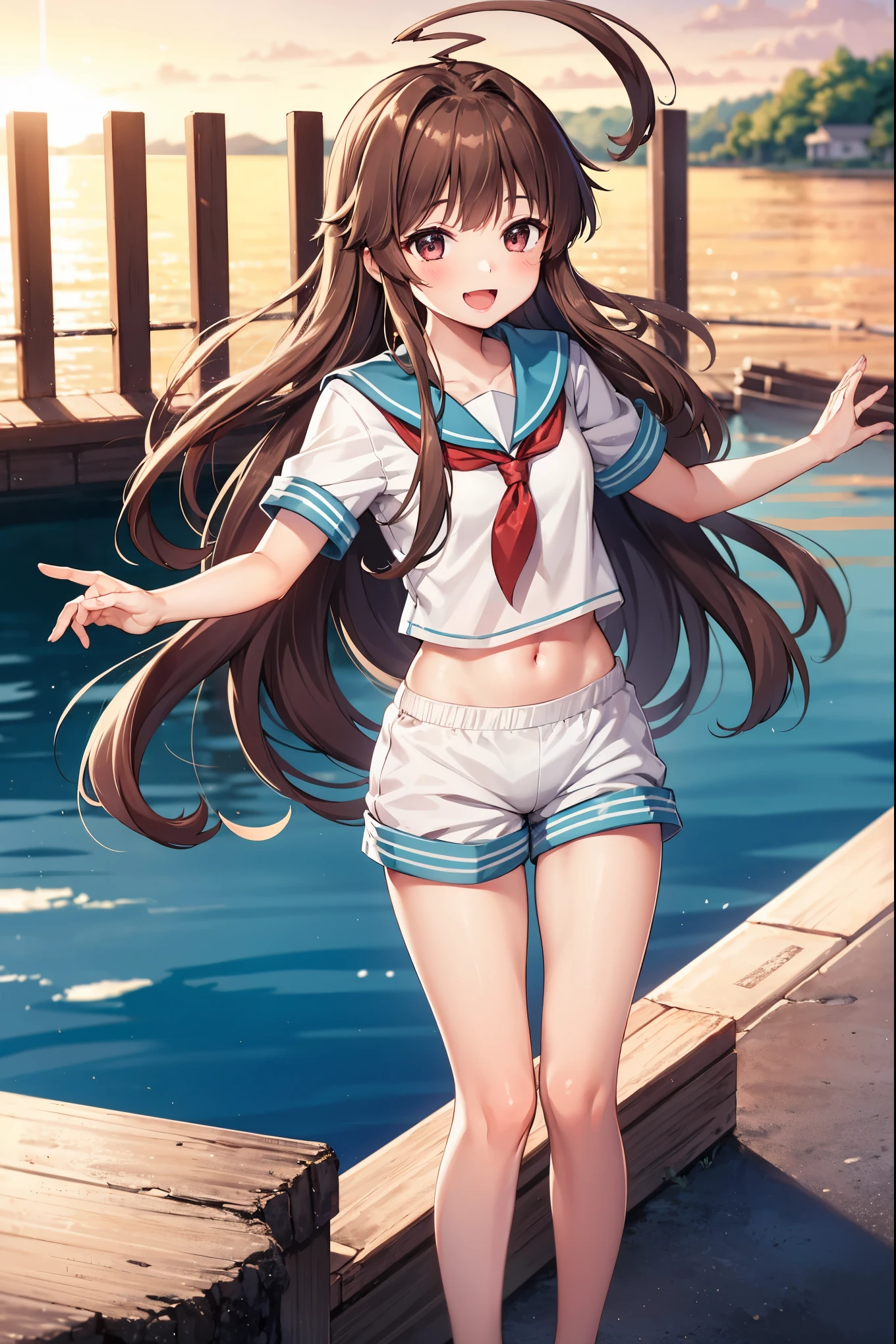 1young_teen_ girl,  brown_hair, long_hair, sailor_uniform,white_ baggy_shorts, short_sleeve, thighs, small_breasts, big_smile, open_mouth, standing, harbor_background, slightly_spread_legs, happiness, covered_crotch,ahoge,XD,exciting,