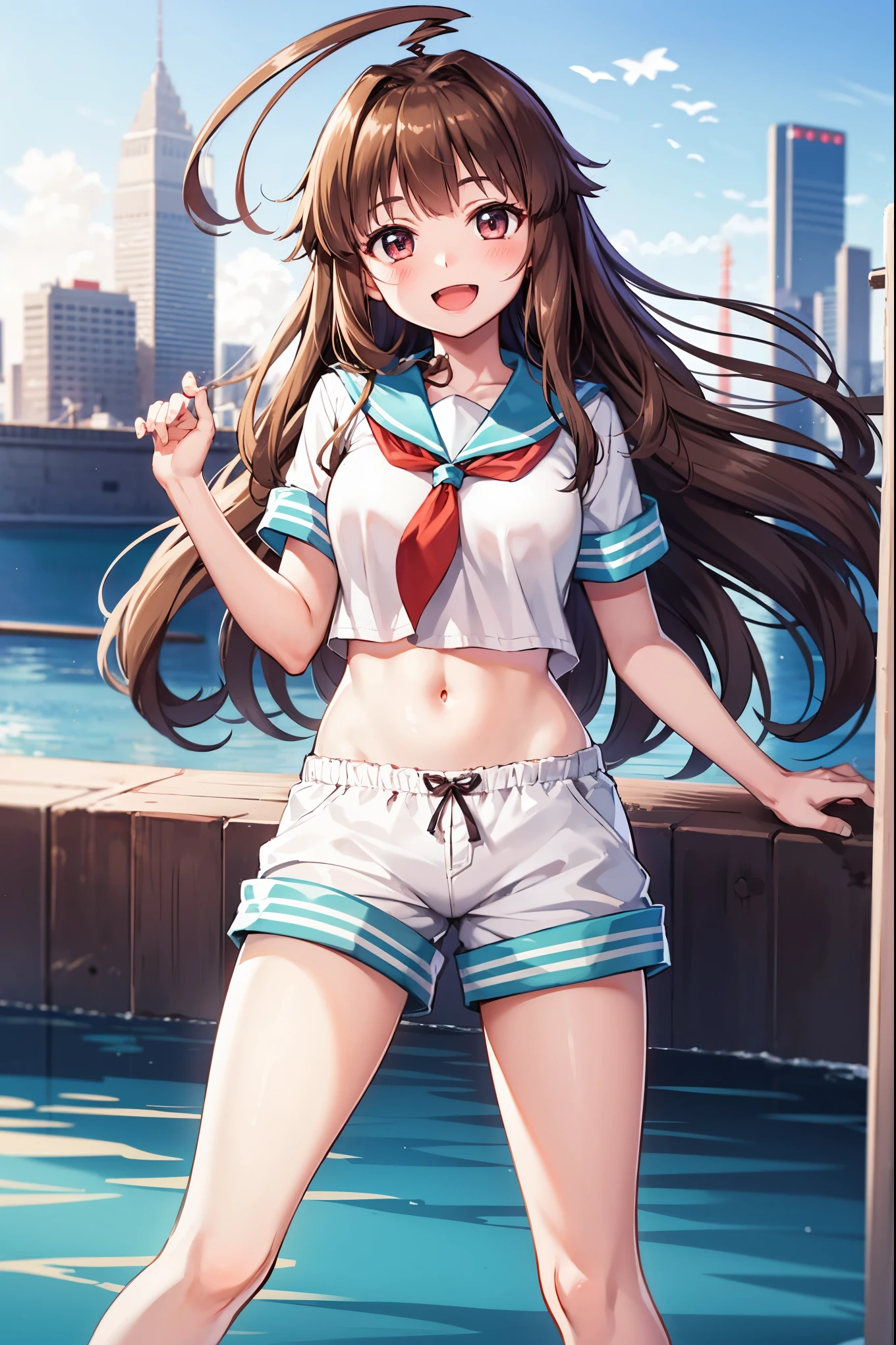 1young_teen_ girl,  brown_hair, long_hair, sailor_uniform,white_ baggy_shorts, short_sleeve, thighs, small_breasts, big_smile, open_mouth, standing, harbor_background, slightly_spread_legs, happiness, covered_crotch,ahoge,XD,exciting,