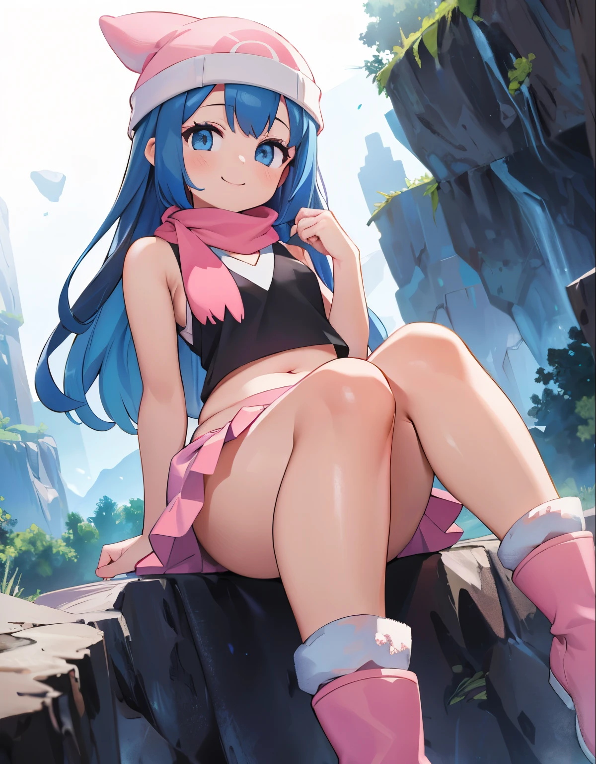 (best quality,4k,8k,highres,masterpiece:1.2), ultra-detailed, realistic:1.37, HDR, studio lighting, vivid colors, bokeh, a girl on the top of a cliff, Hands on knees,beautiful girl,\(pokemon\), beanie, long hair, blue hair, blue eyes, detailed eyes, beautiful eyes, black sleeveless shirt, pink scarf, pink skirt, white panties, pink boots, body shape, chubby thighs, belly botton, looking into the abyss, smile, View from below