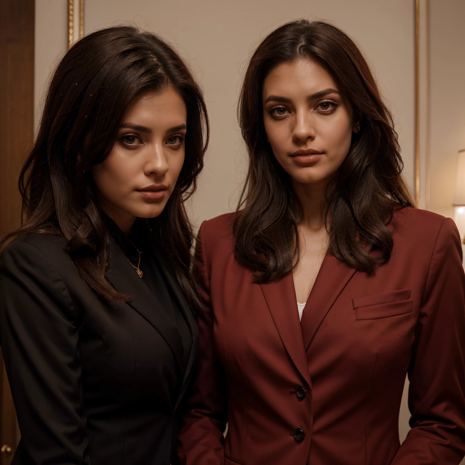 Pretty tall elisa sednaouj wearing a feminine dark red tuxedo, professional outfit, formal look photo, professional look, head of HR look, portrait professional photo, 