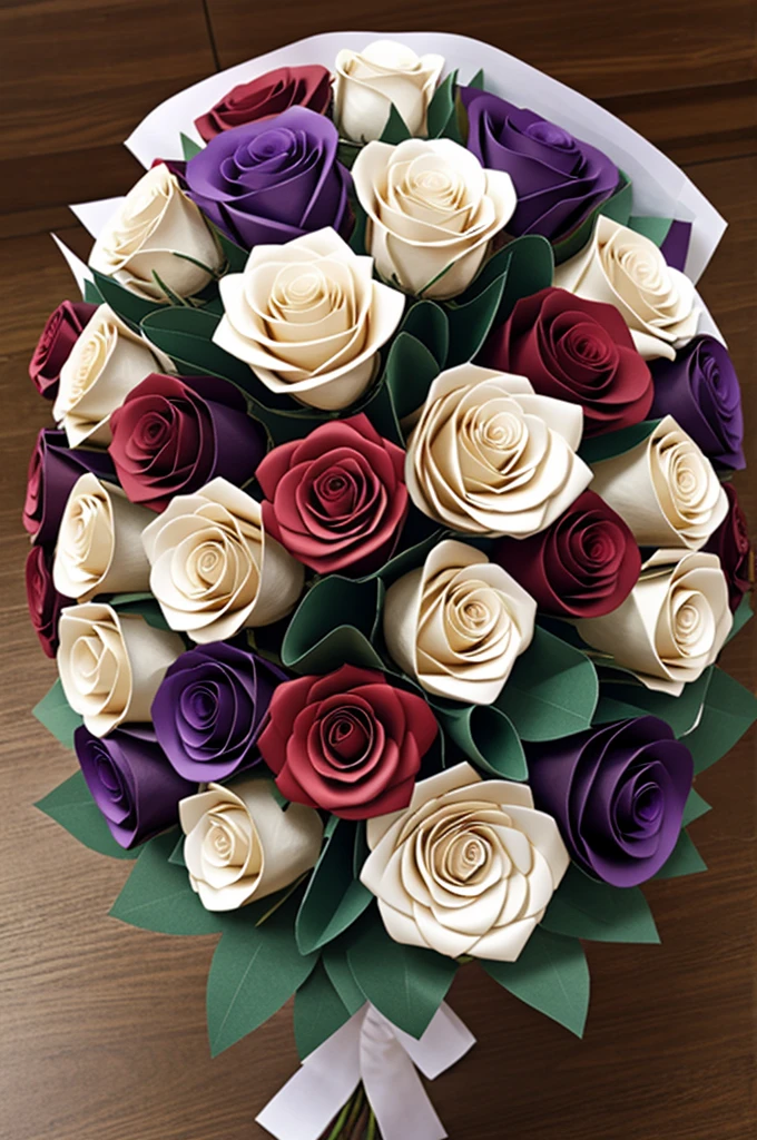 Purple Korean paper bouquet of 11 white roses and a red rose in the center