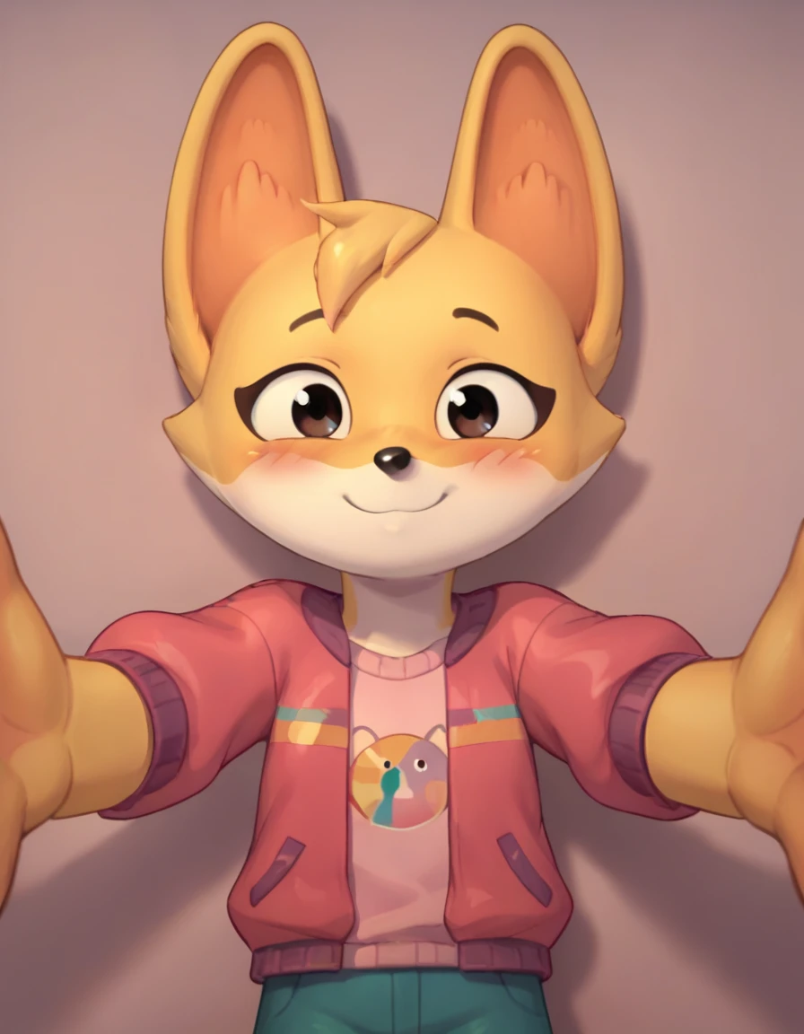 score_9, score_8_up, score_7_up, score_6_up, score_5_up, score_4_up, kit casey, fox, anthro, female, furry, outstretched arms, first person view, blush, smile, shy, cute, solo