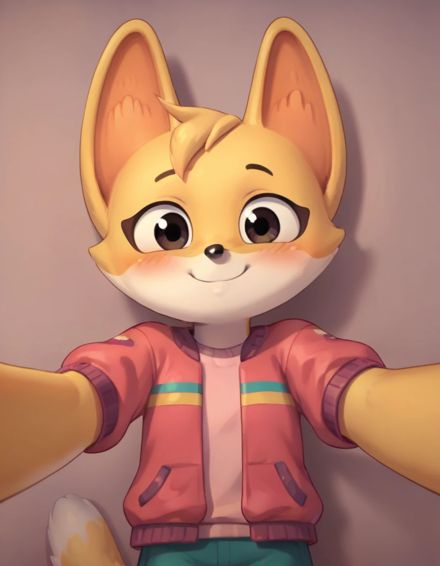 score_9, score_8_up, score_7_up, score_6_up, score_5_up, score_4_up, kit casey, fox, anthro, female, furry, outstretched arms, first person view, blush, smile, shy, cute, solo