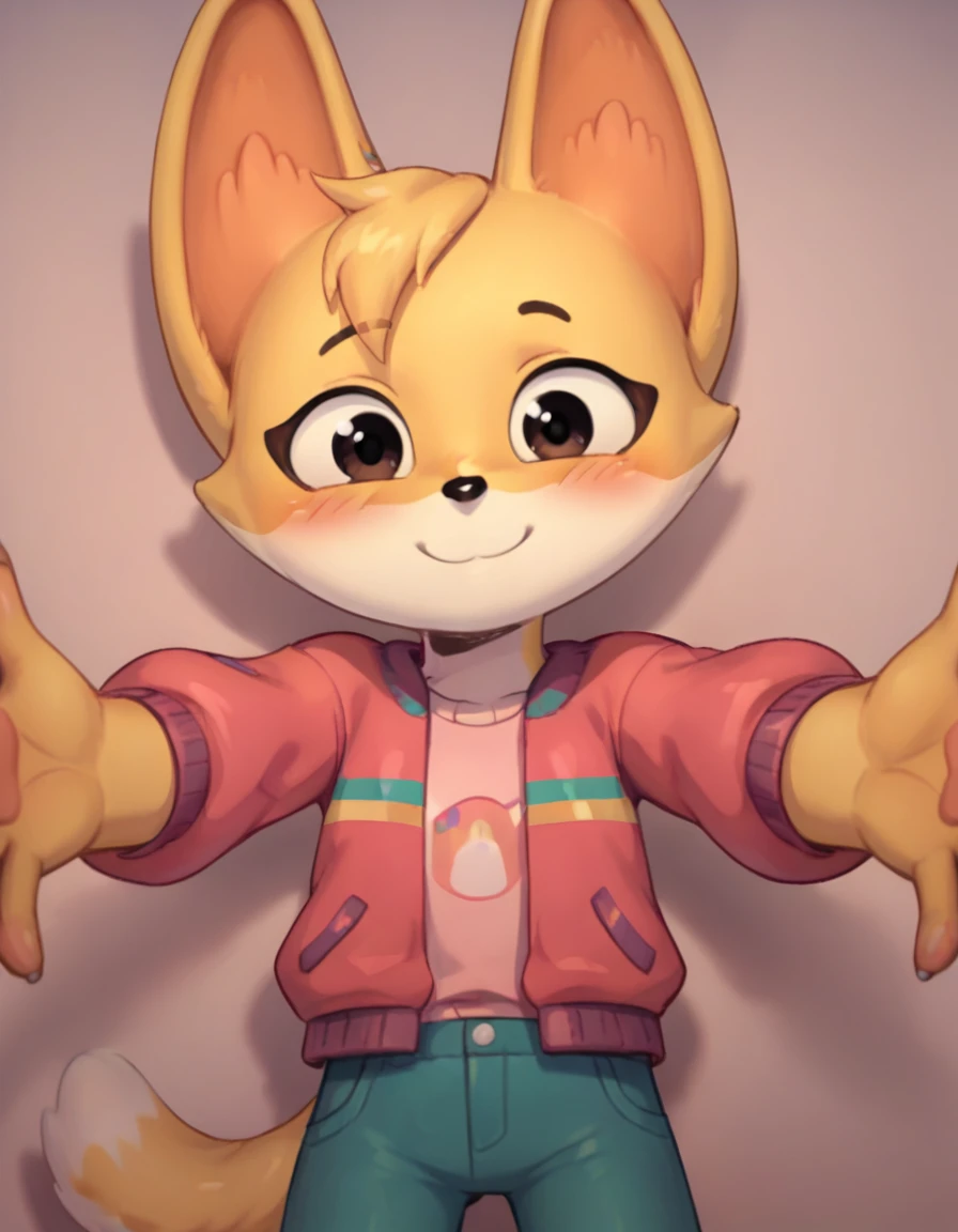 score_9, score_8_up, score_7_up, score_6_up, score_5_up, score_4_up, kit casey, fox, anthro, female, furry, outstretched arms, first person view, blush, smile, shy, cute, solo