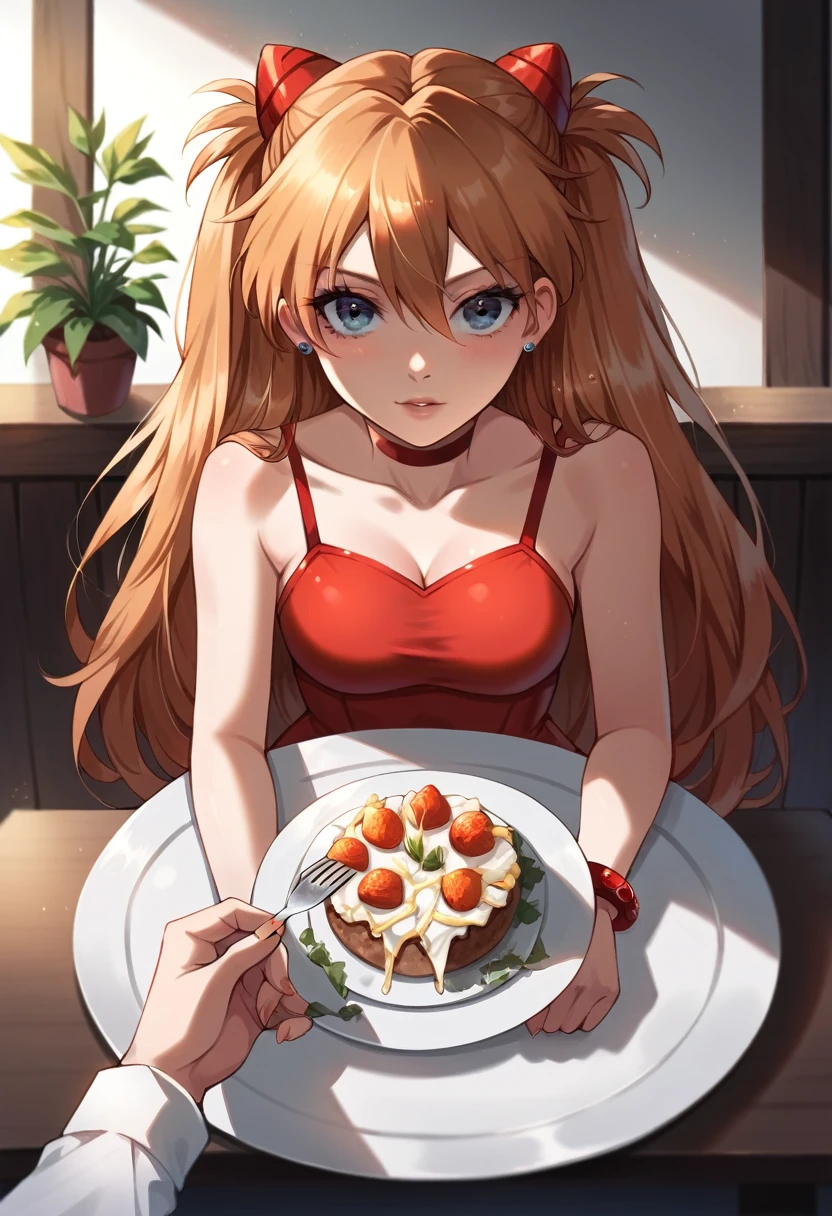 best quality, masterpiece, anime girl , young girl, 24 years old , 1girl, bangs, long hair, perfect body form, perfect shot, perfect anatomy, illustration, digital art, realistic, 4k, pov , red dress, sitting, dinner, elegant, date, delicious food, bracelet, jewelry, table, firt person view, eye contact, looking to the viewer, sohryu_asuka_langley