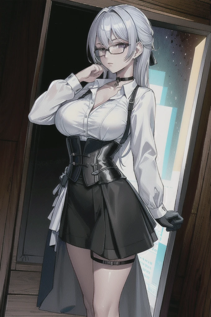 Masterpiece, Beautiful art, professional artist, 8k, art style by sciamano240, rostro de Bronya Zaychik, detailed body, Very detailed face, very detailed eyes, Detailed clothing, detailed fabric, Best Quality, better resolution,  1 girl, front view, standing, big breasts, serious expression,  at night , silver hair, glasses, choker:1.6, (long sleeve white collar buttoned shirt), (shiny black corset), black gloves covering your hands, (shiny black leggings), looking at the viewer, elegant room, at night