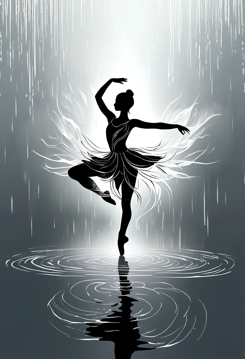 The silhouette of a ballet dancer gradually formed by the rain, Lake, Digital Art Style, Simple lines,Silhouette of a ballet dancer dancing beautifully from above, 暴雨 dancing with the light Simple lines, Silhouette Art, background, illustration, 暴雨background, cartoon, 纯色background, texture, lotus, Warm atmosphere, Mysterious feeling, Dancing in the heavy rain, A style that displays waterspouts and light,Double Exposure,reflection
