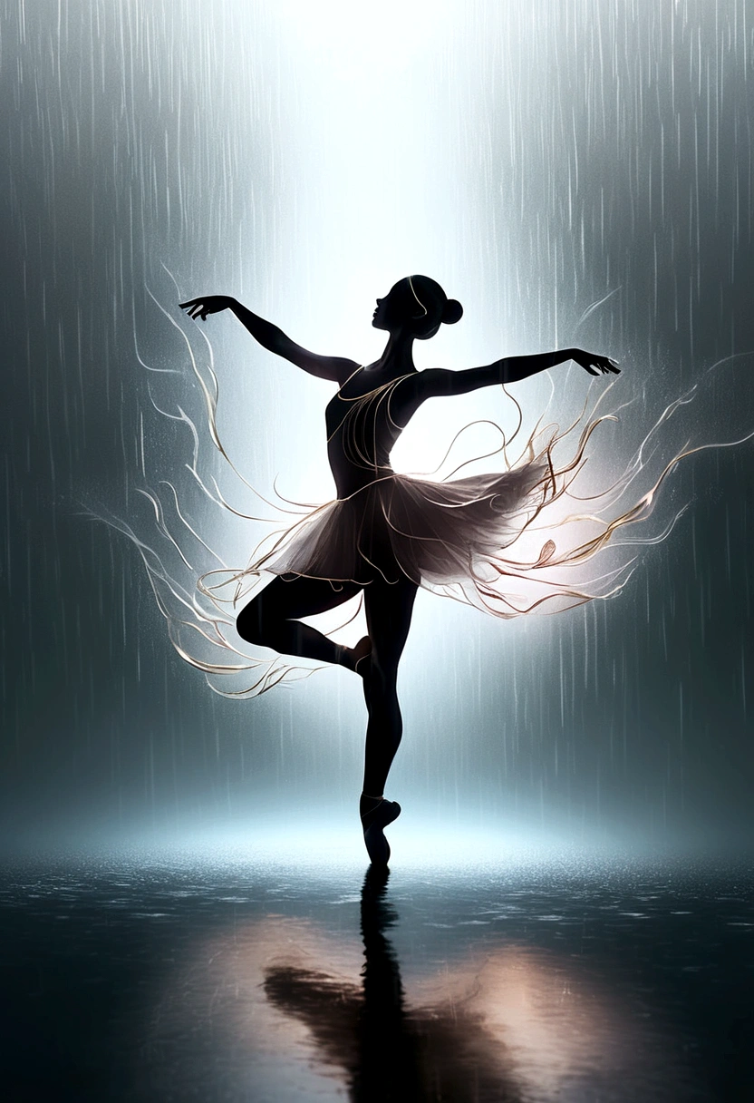 The silhouette of a ballet dancer gradually formed by the rain, Lake, Digital Art Style, Simple lines,Silhouette of a ballet dancer dancing beautifully from above, 暴雨 dancing with the light Simple lines, Silhouette Art, background, illustration, 暴雨background, cartoon, 纯色background, texture, lotus, Warm atmosphere, Mysterious feeling, Dancing in the heavy rain, A style that displays waterspouts and light,Double Exposure,reflection