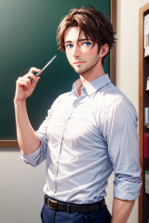 31-year-old man with short brown hair and bright blue eyes wearing white business clothes, teacher