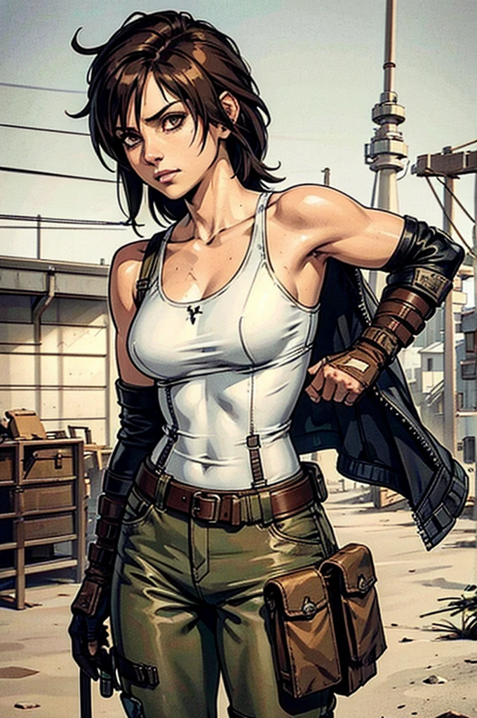 a military woman, well trained body, white sleeveless t-shirt, Exposed collarbone, beige leather shelter, blue pants, two leather belts with gun pockets, dark brown hair, carving, Brown eyes, hazel left eye, left eye with a scar, beach shore, at daytime, getting off a water boat, calm expression, sparkling beach, In a post-apocalyptic environment, post - apocalyptic cowgirl, Post - Apocalyptic style, Post apocalyptic clothing, pose, post-apocalyptic, Postapocalyptic style, post apocalyptic grunge, Post - Apocalyptic Scavenger. (Ultra quality) 8k quality, detailed, perfect light, perfect angle, perfect sharpness.