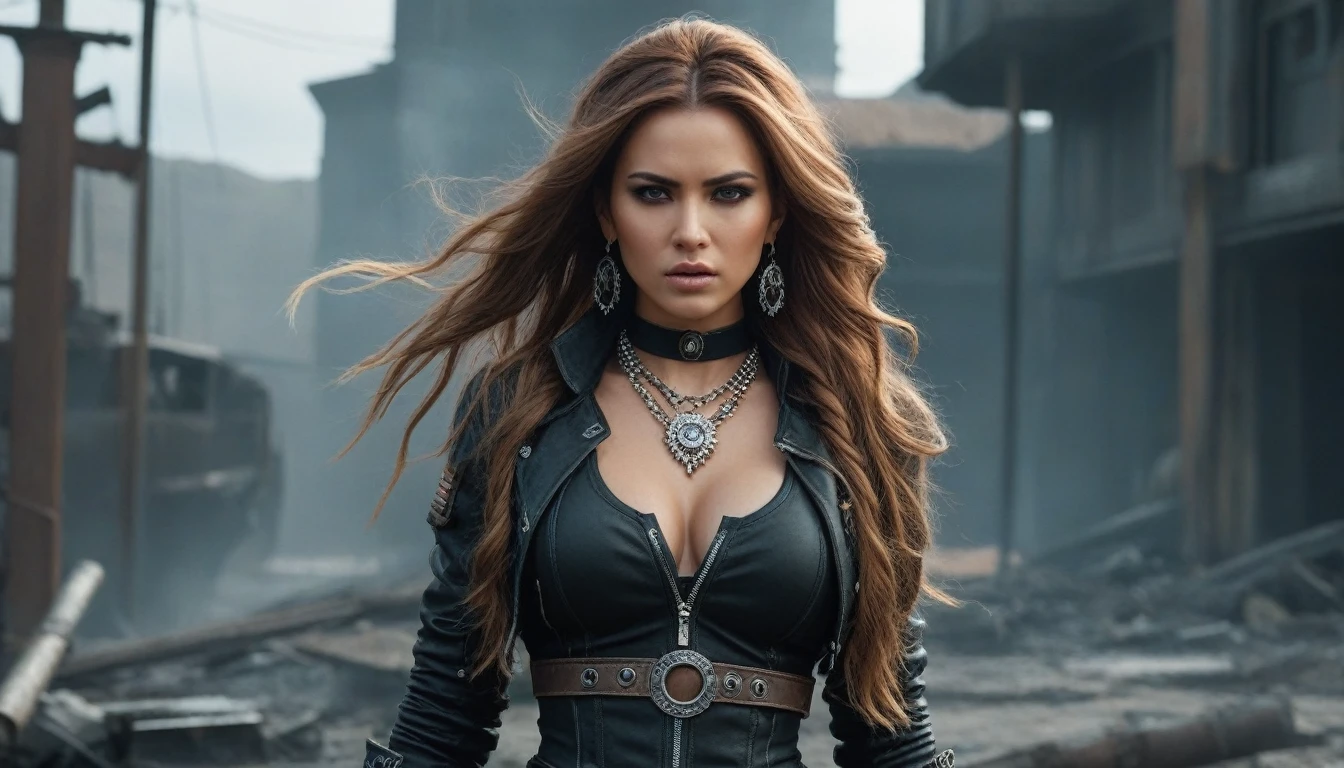 (Post Apocalypse Wanderer), (Female), (Fantasy Apocalyptic Setting), (FULL BODY Generation!!!), (Insane clothing details), (Apocalyptic Outfit), (aesthetic style), (Clothing show skin), (Necklace), (Pistol on hip), (Military boots), (Earrings), (Long beautiful hair), (Interesting hairstyle), (Beautiful Face), (Shiny Eyes), (Light skin), (exhausted face expression), (Kinetic body parts), (body in motion), (Proportionate body), (Human Body), (aesthetic body), (Complex Background), (High Resolution Image), (Cinematic), (stunning visual masterpiece!), (professional composition), (Best Quality).
Description:
Generate a full-body image of a female post-apocalypse wanderer in a fantasy apocalyptic setting. She wears an apocalyptic outfit with insane clothing details, including a pistol on her hip, military boots, and adorned with a necklace and earrings. Her long, beautiful hair is styled in an interesting manner. Her face features shiny eyes and light skin, expressing an exhausted facial expression. The image should depict kinetic body parts and a body in motion, with proportionate and aesthetic body proportions. The background should be complex, set in a high-resolution cinematic style, aiming for a stunning visual masterpiece with professional composition and the best quality.
