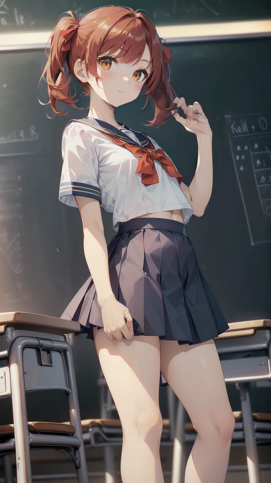 ((top quality, ultra-detailed, high resolution, extremely detailed CG, unity 8k wallpaper, by famous artist, perfect anatomy, super detailed skin, cinematic lighting, UHD, retina, anatomically correct, 1080P)), (Please draw a single one happy girl walking in a classroom school :1.3), ((1girl)), (Solo, face,13-year-old:2.0), a junior high school student, ((cute petit girl, chibi, babyface)) androgynous charm, (Medium hair, ((full red hair)) ((redhead)), pigtails, straight bangs, with a bow in her hair, ((very thin legs)), ((skinny legs, thin body, small build)), Full limbs, complete fingers, ((perfect fingers and hands)), flat chest, small breasts, childish body, small butt, groin, Beautiful detailed full yellow gold eyes, perfect eyes, sailor , ((blue skirt)) and white blouse, ((red bow on the blouse)), blue sailor collar, short sleeves, without stockings, (Detailed Lighting), ((classroom background)), (Detailed scenary background), ((in the school zone)), full body view, ((standing)), legs. Cute, kawaii single girl (one girl), full body shot. ((Background is the school)), front body, ((left hand up, right hand down)), ((little young 13 years old body:1.3)), ((perfect hands and fingers:1.0))