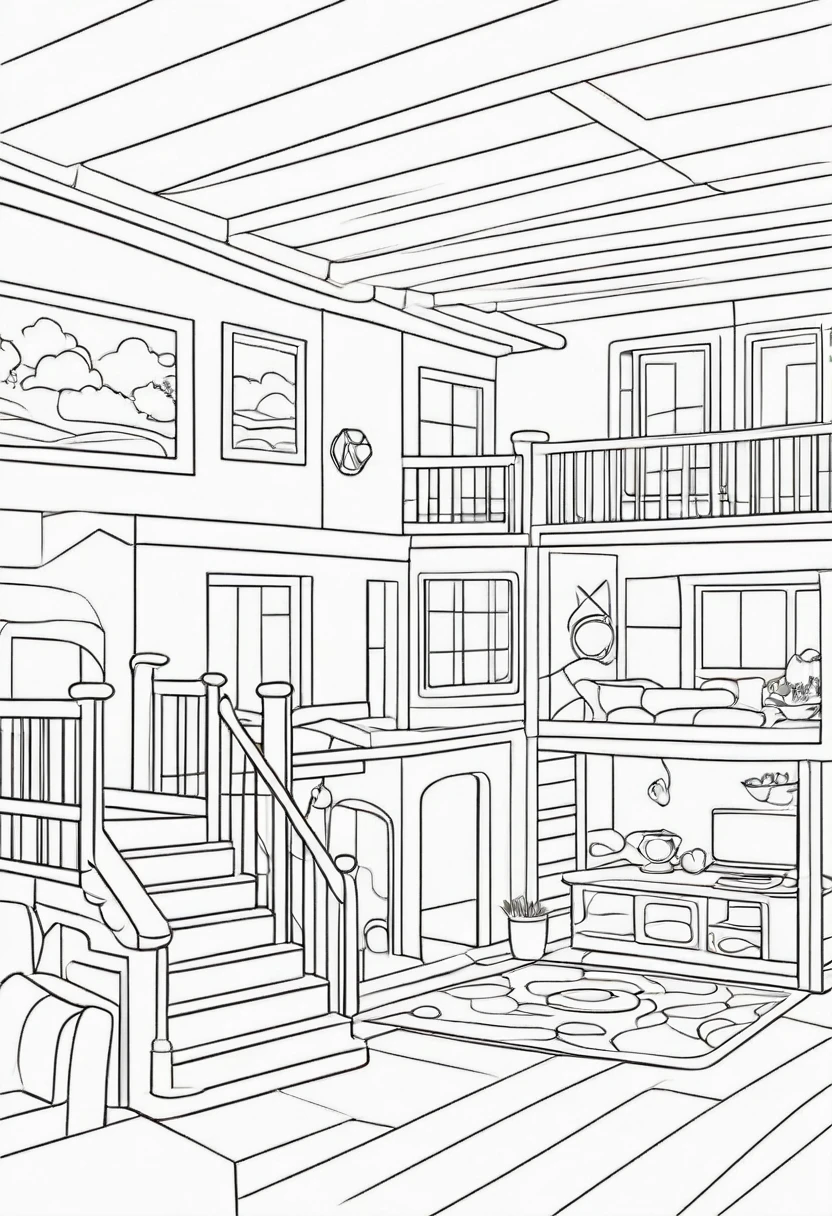 coloring page for kids, house interior cartoon style, thick lines