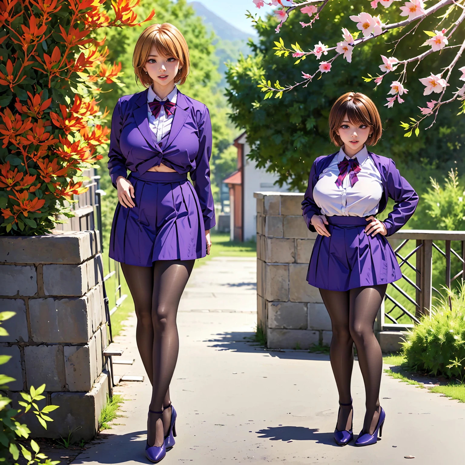 caucasian female, high school teacher, beautiful clavicle, beautiful thigh, beautiful legs, ((purple jacket, close jacket, purple tight skirt, white collared shirt), black pantyhose), purple neck ribbon, high heels, black bag, (beautiful scenery), morning, riverside, cherry blossom, standing, hands on hair, daylight, riverside, (High Resolution), (Very Detailed), (Best Photo), (Best Quality), (Ultra Detailed), (​masterpiece:1.5), very precise details,(Ultra High Resolution:1.4), the Extremely Detailed CG Unity 8K Wallpapers, highest quality, hight resolution, (Realistic, Photorealsitic, hyper realisitic:1.5), the light shines on your face, profetional lighting, anime styled, beautiful hair, detailed hair,(Detailed Face), (Beautiful Detailed Eyes), Beautiful breasts, beautiful detailed shadow, Beautiful body, Beautiful skin, beautifull hands, precise details hands, beautiful fingers, very precise detailed fingers, (Ultra-detailed face, Detailed eyes:1.4), beautiful eyebrows, cool eyebrows, (Aesthetic Anime Eyes:1.4), (Light from the front :1.4), (1girl in:1.4),(Solo:1.4), (Mature face and body), (Beautiful cute face), (beautiful female lips), Charming, looks at the camera with a gentle smile, standing, hands on hair, (lovely smile, upper eyes, open mouth), earrings glossy lips, (juicy female lips), perfect female body, Beautiful waist, beautiful long eyelashes , Shiny skin, tilt her head, 30year old, mature female, Kurapika, 1girl, ((scarlet eyes)), blonde hair, ((bob hair)), flowing hair, fluttering hair, long legs, very huge breasts, long breasts, saggy breasts, hips wider than shoulders, wide hips, pelvic curtain, beautiful thighs, thick thighs, garnet earrings, white shirt (pantyhose:1.3), brown pantyhose, black high heels, pumps, full body