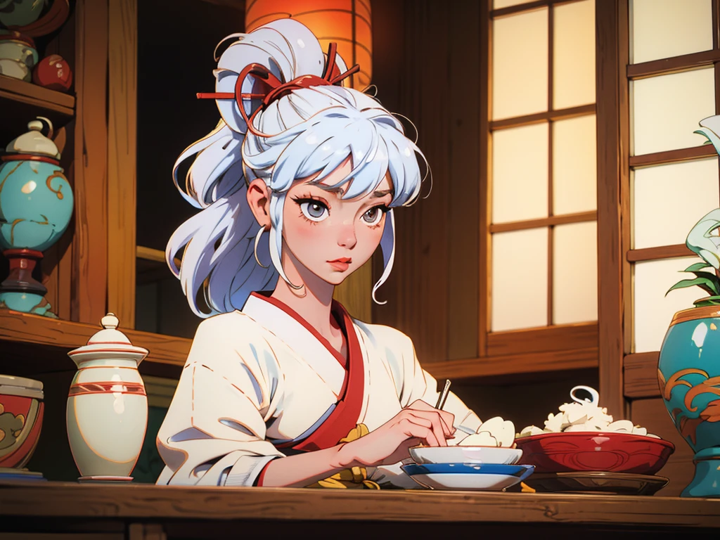 Geisha with white, tied hair sitting inside a traditional Japanese house