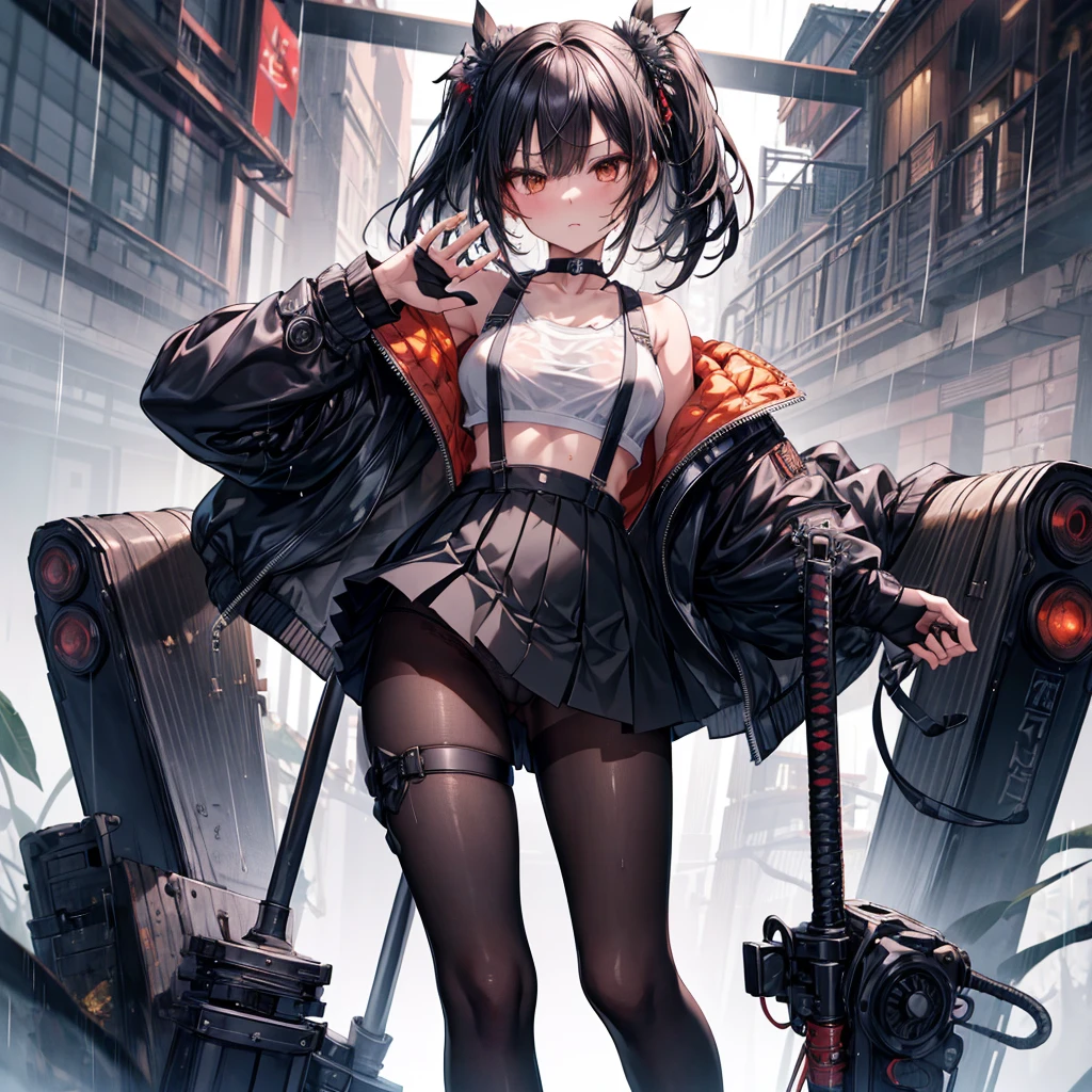 ((Highest quality)), ((masterpiece)), (detailed), 1girl, 独奏, have a katana, black hair, crop top, jacket, Miniskirt, suspender skirt, pantyhose, panties, panties under pantyhose, choker, bracelet,  battoujutsu stance,weapon, rain, (wet), see through, expressionless, ass pov, Steampunk