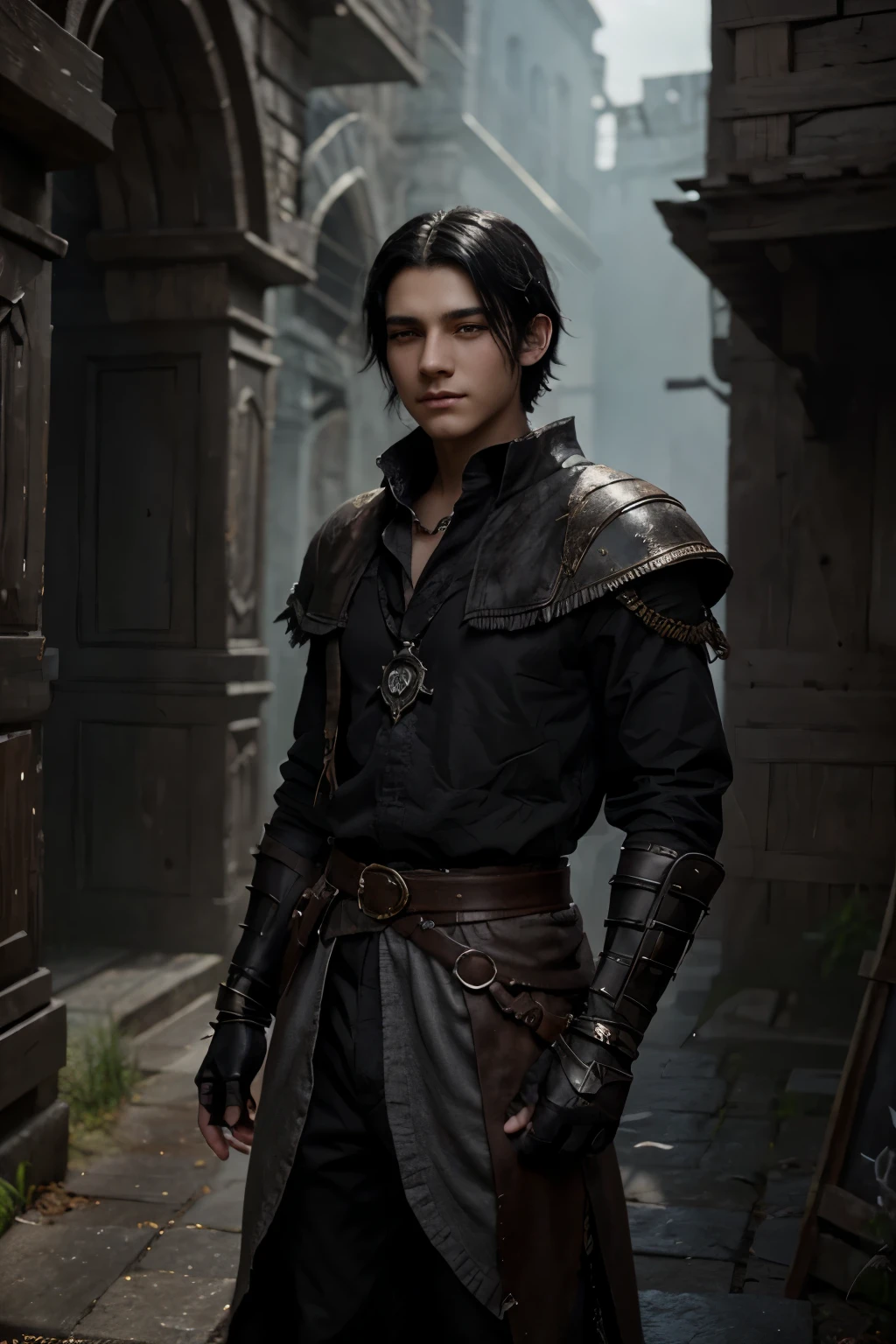 boy 16 years old with black hair, , grey eyes, cheerful look, dark fantasy character design, epic exquisite character art, dark fantasy art, Full view, Amazing character art. yokel,